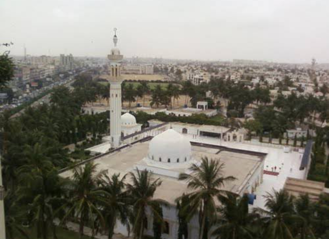 Elevated view of Jamia Masjid Bait ul Mukarram showing full compound within Karachi
